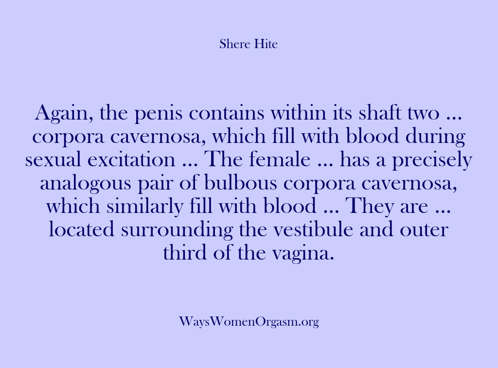 (Shere Hite) Again, the penis contains within its shaft two … corpora cavernosa, which…
