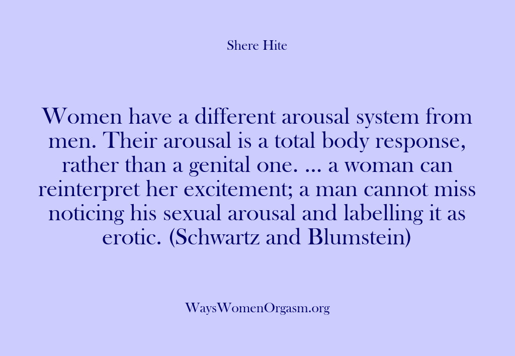 (Shere Hite) Women have a different arousal system from men. Their arousal is a…