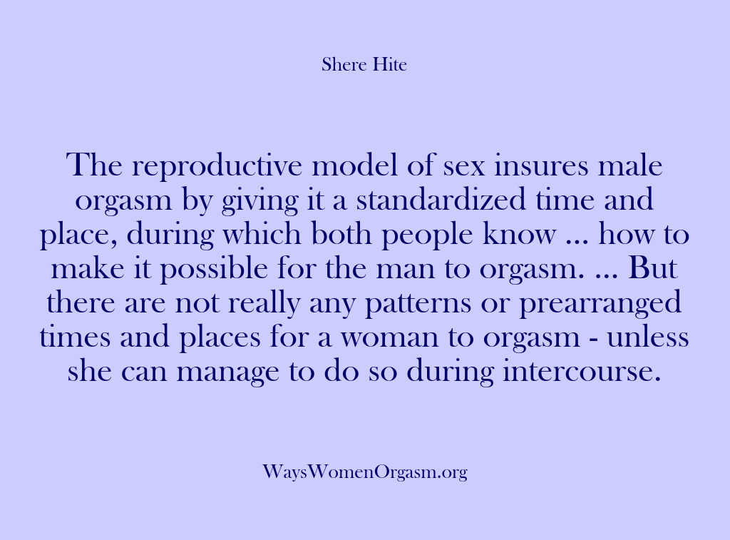 (Shere Hite) The reproductive model of sex insures male orgasm by giving it a…