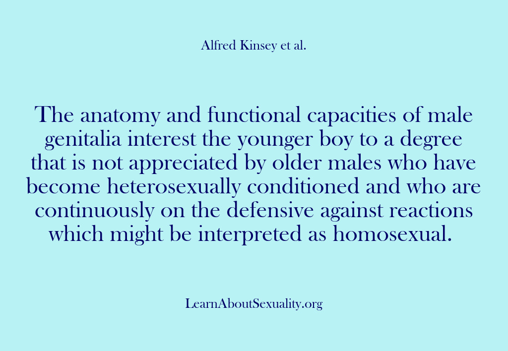 (Alfred Kinsey Male Sexuality) The anatomy and functional capacities of male genitalia interest the younger boy…