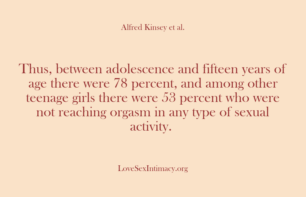 (Alfred Kinsey Female Sexuality) Thus, between adolescence and fifteen years of age there were 78 percent,…