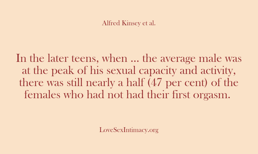 (Alfred Kinsey Female Sexuality) In the later teens, when … the average male was at the…